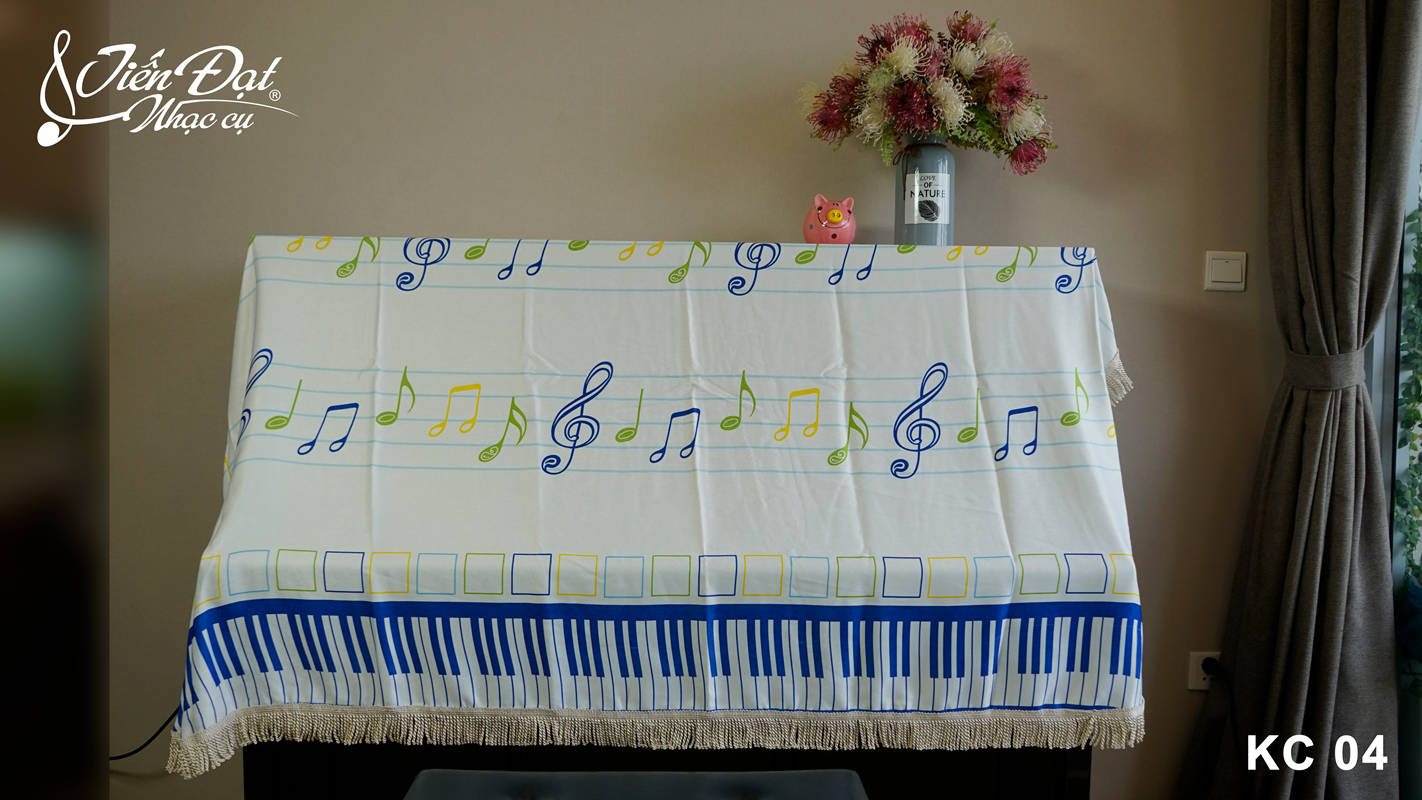 Khăn phủ đàn Piano họa tiết nốt nhạc màu xanh - chất vải thô KC-04